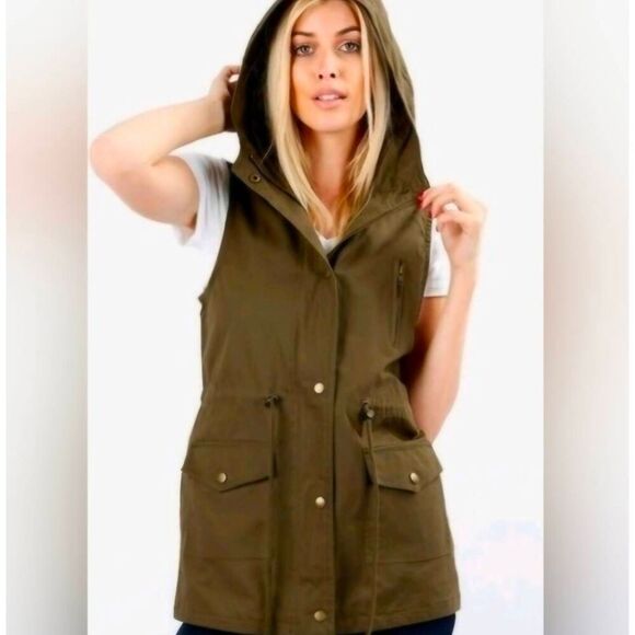 💜Zenana Olive Zipper Front Hooded Sleeveless Utility Jacket Large - Picture 3 of 16